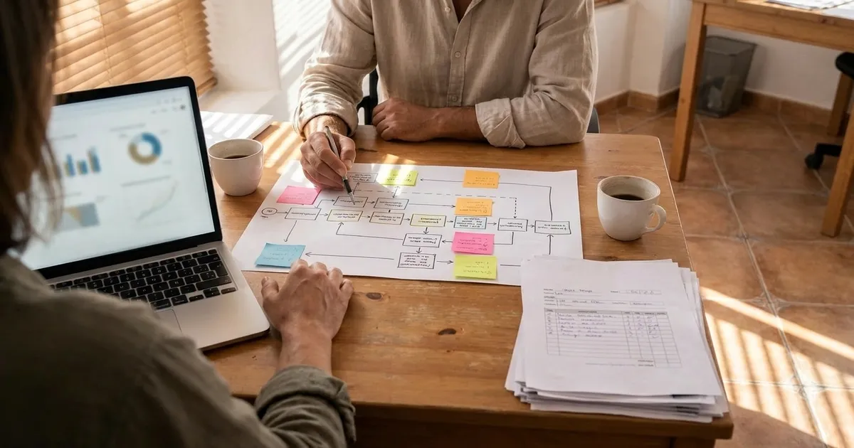 Dos personas revisan sobre una mesa de madera un mapa de procesos dibujado a mano, con notas adhesivas y un portátil