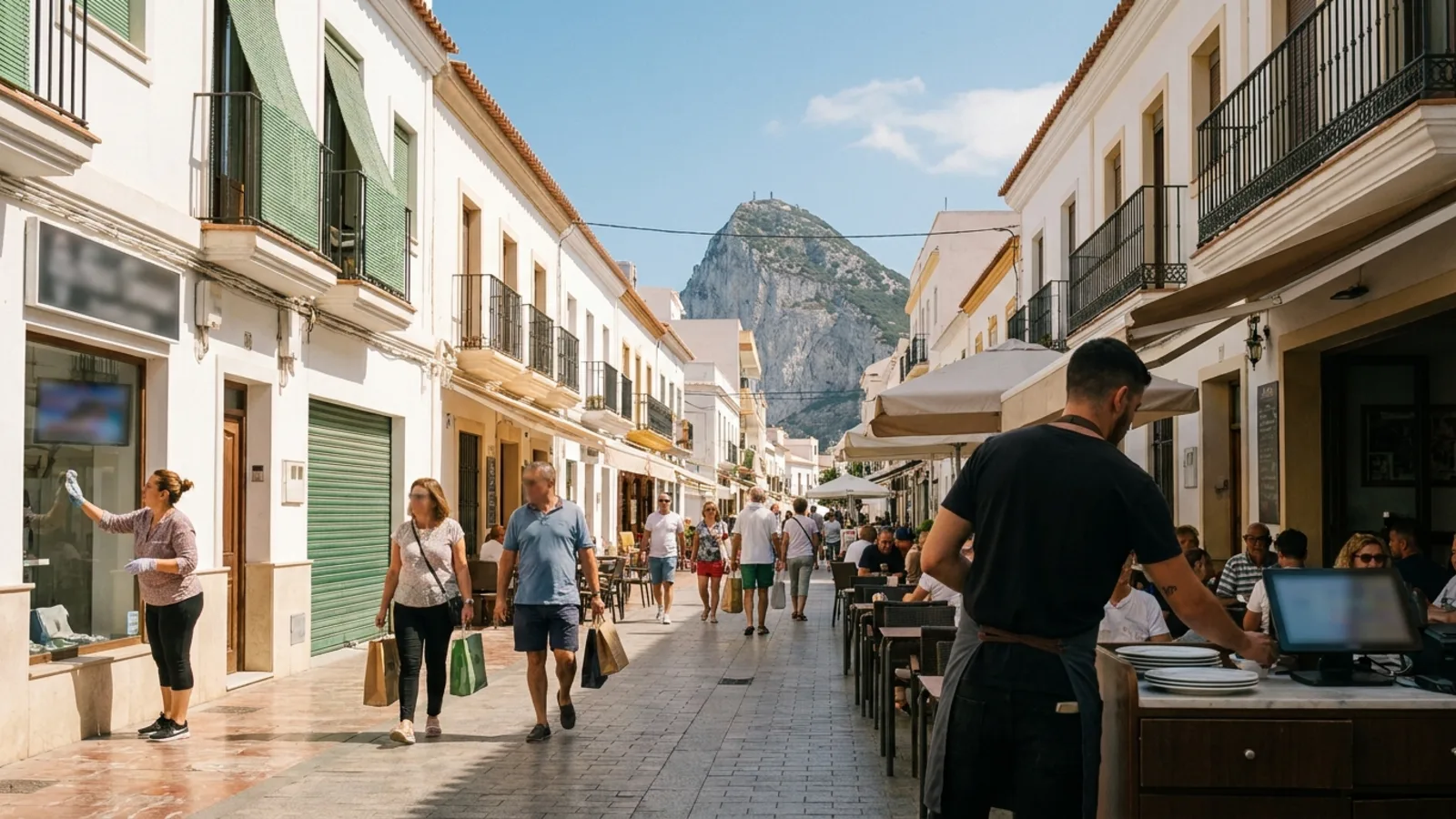 Calle comercial peatonal con terrazas llenas y gente paseando, y el Peñón de Gibraltar recortado al fondo