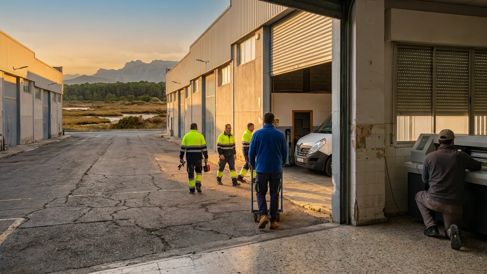 Calle de polígono industrial al atardecer vista desde una nave, con operarios trabajando y la marisma al fondo