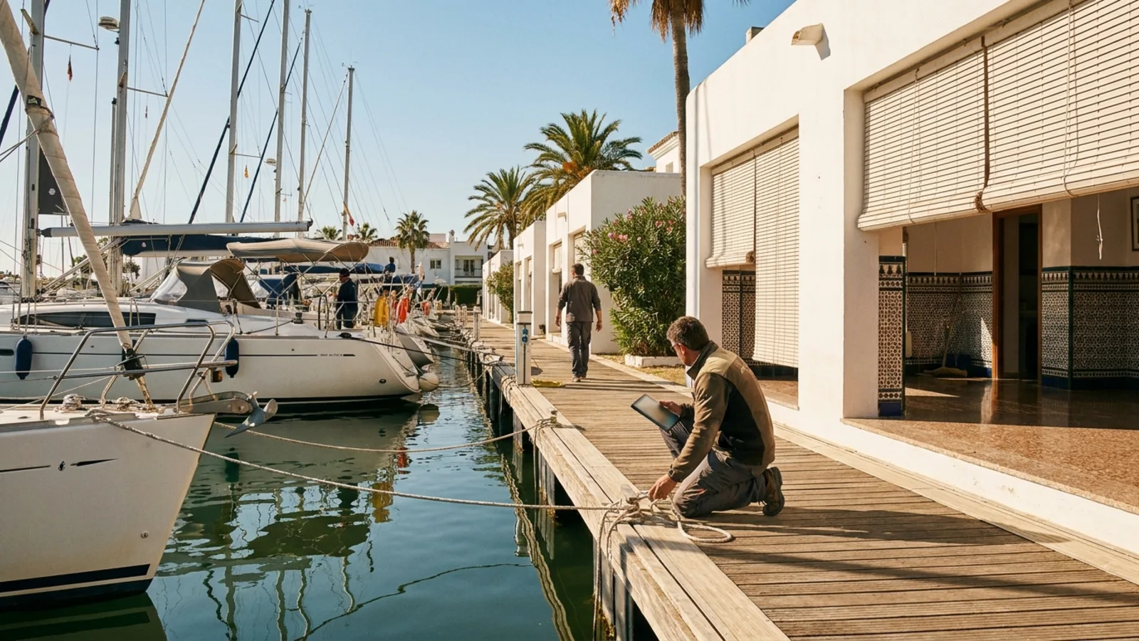Veleros amarrados en el pantalán de una marina, con edificios bajos encalados y palmeras detrás