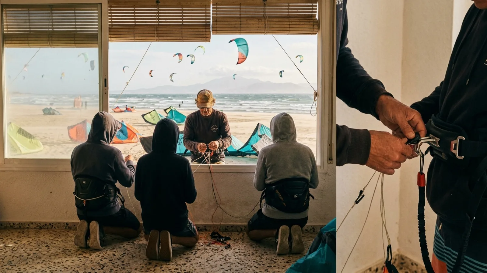 Alumnos de kitesurf atienden a su monitor ante un ventanal, con la playa y las cometas en el aire fuera
