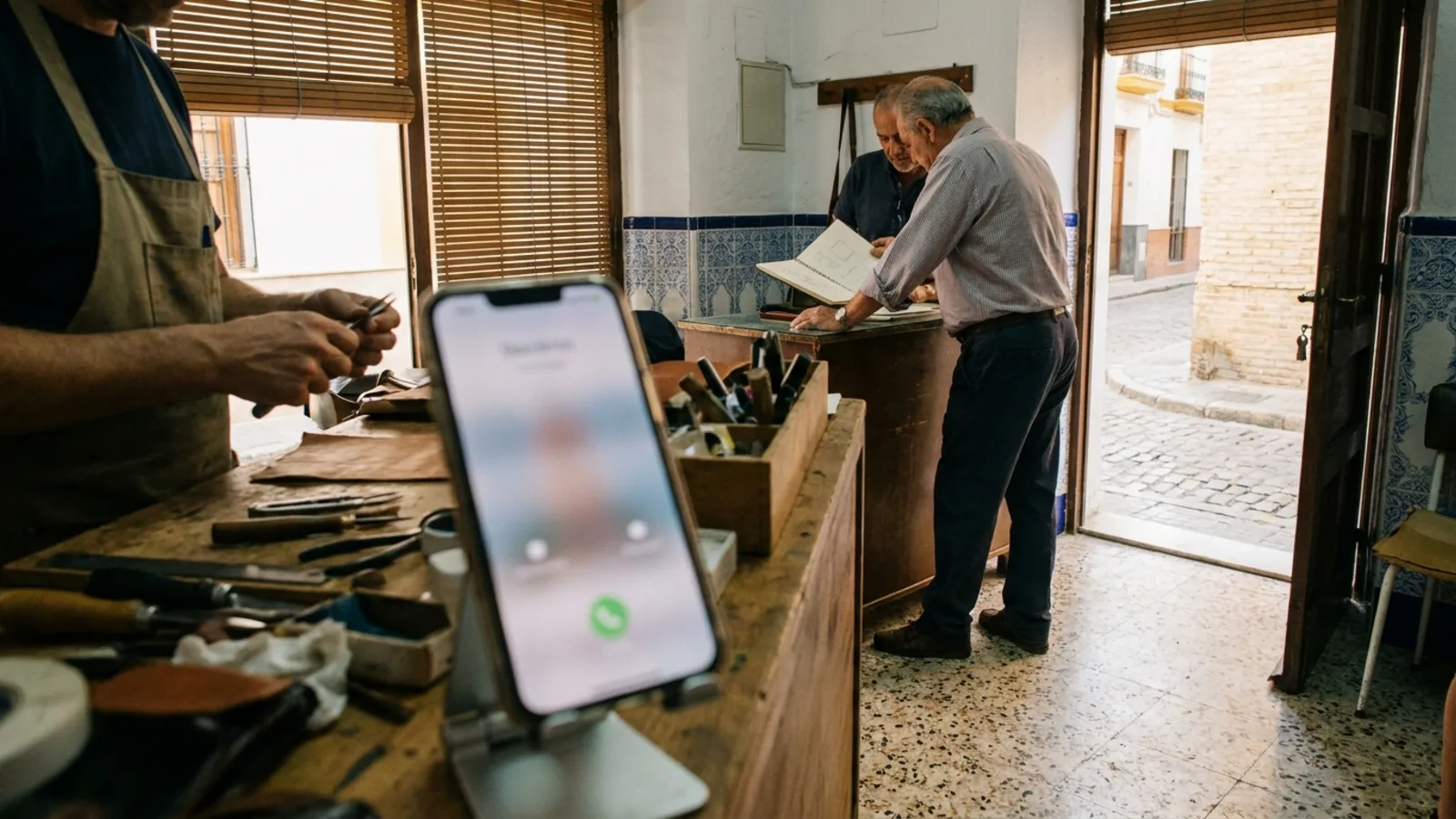 Un móvil en soporte muestra una llamada entrante sobre el banco de un taller de guarnicionería, mientras al fondo se atiende a un cliente