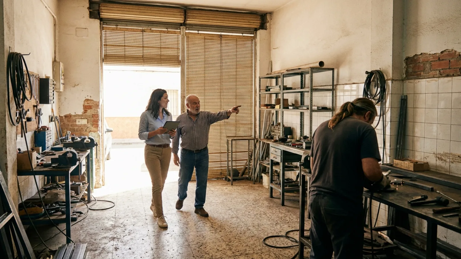 Una consultora con una tablet recorre un taller metalúrgico junto al dueño, que señala hacia un punto de la nave