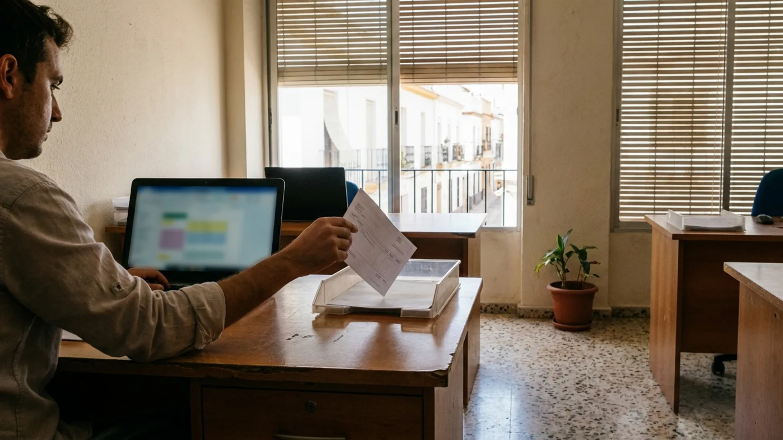 Un administrativo teclea en un portátil y coge una factura de una bandeja metálica, en una oficina con ventana a una calle encalada