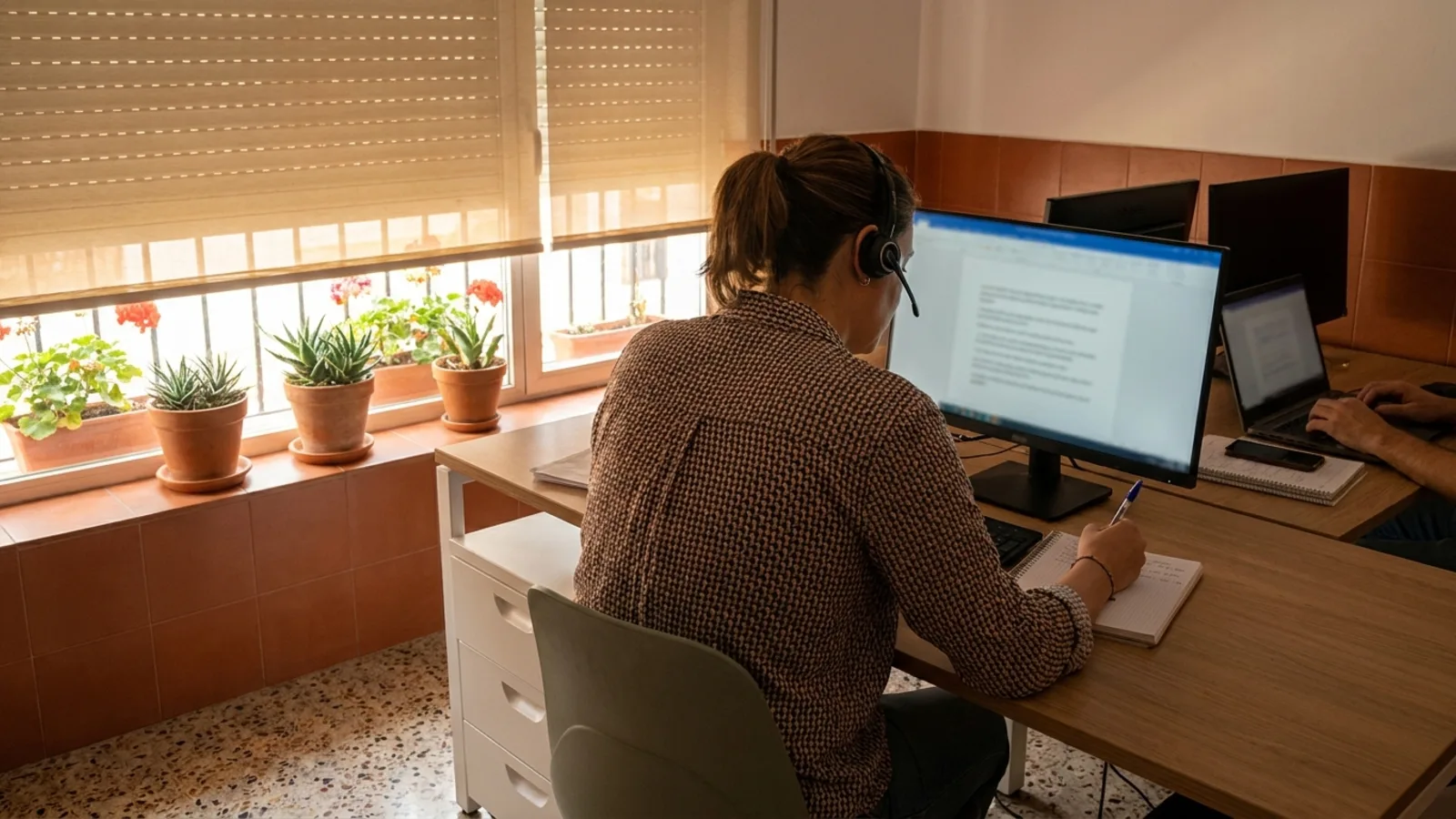 Una comercial con auriculares de diadema toma notas a mano frente a su monitor, junto a una ventana con geranios en el alféizar