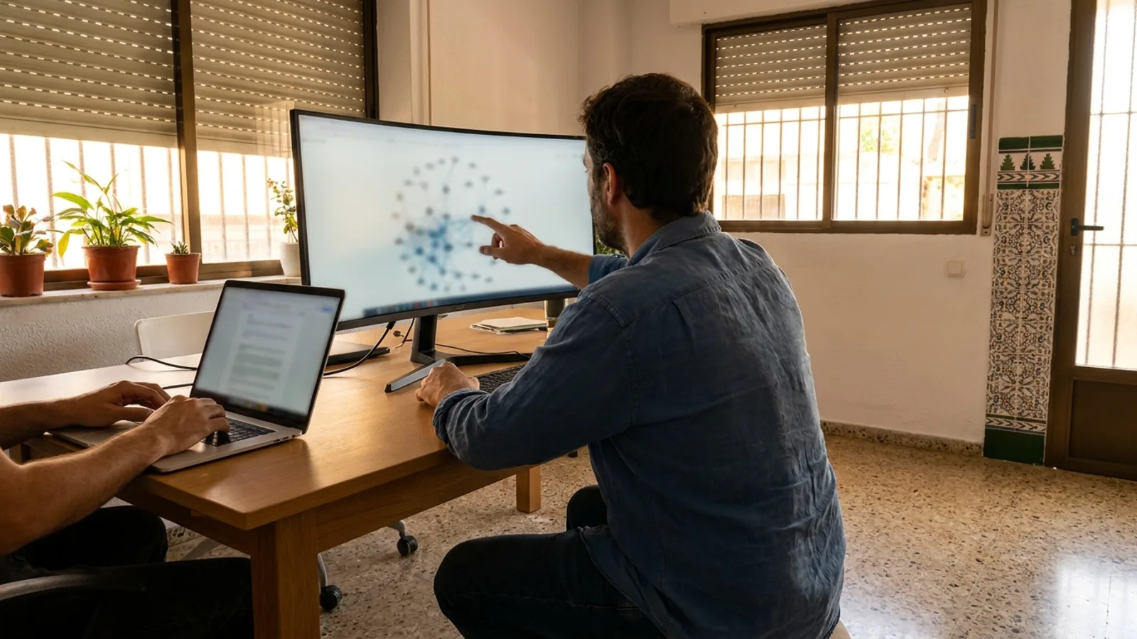 Una persona señala en un monitor un grafo de nodos conectados mientras otra teclea en un portátil, junto a una ventana con reja