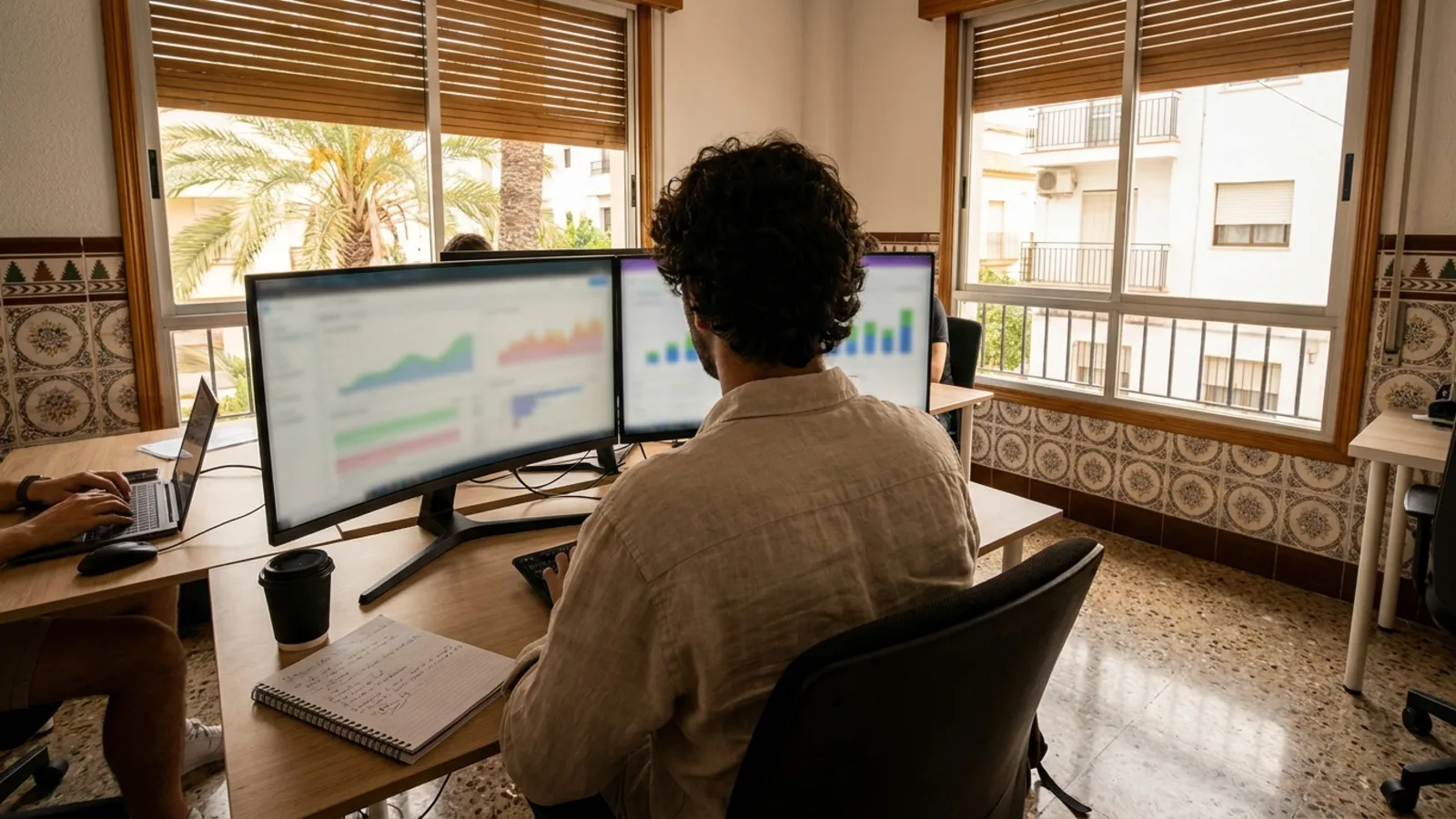 Dos personas trabajan de espaldas ante paneles de analítica en un monitor panorámico, en una oficina con zócalo de azulejo y suelo de terrazo