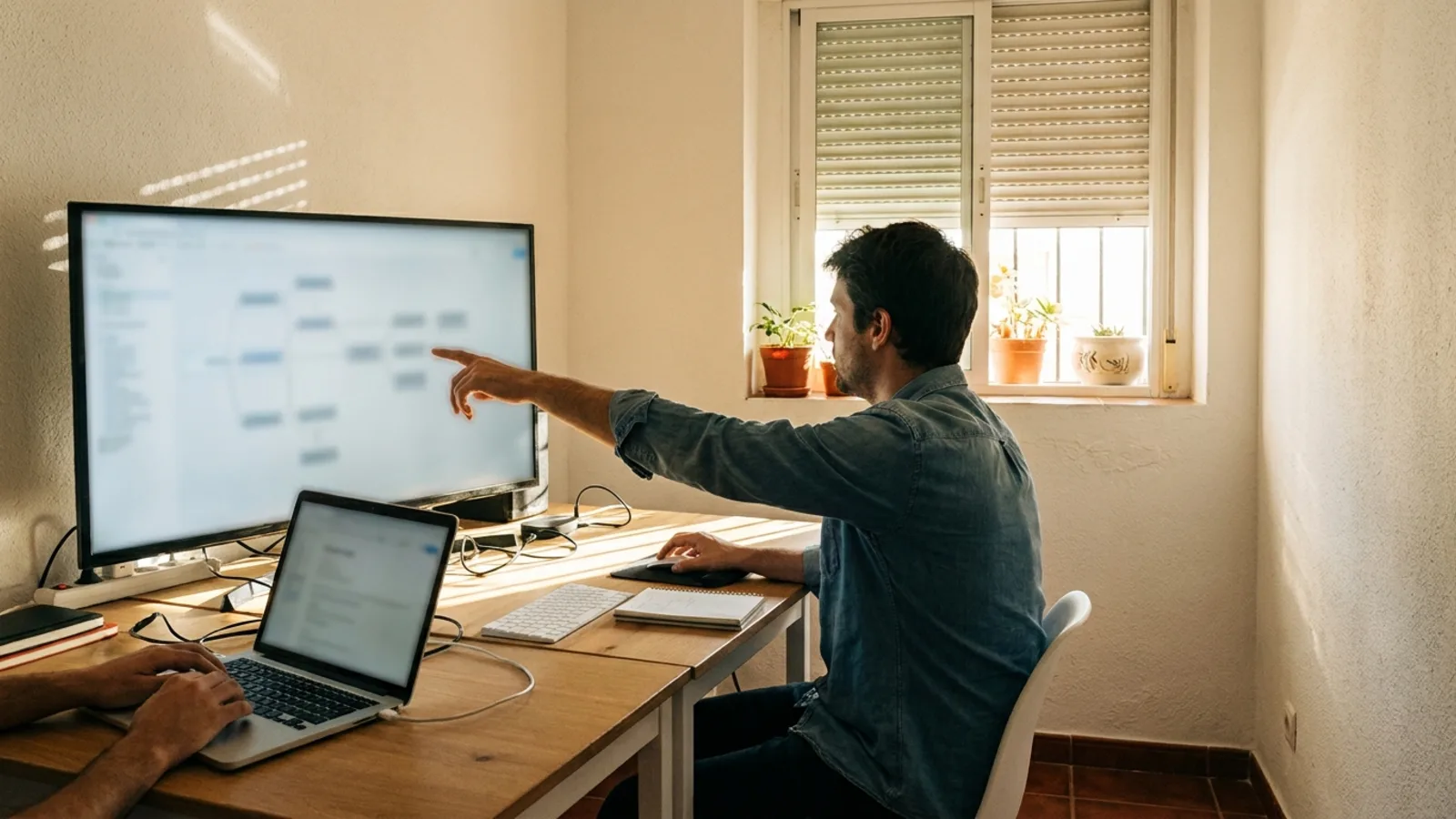 Alguien señala en un monitor un diagrama de cajas y nodos conectados mientras un compañero teclea, en un despacho encalado