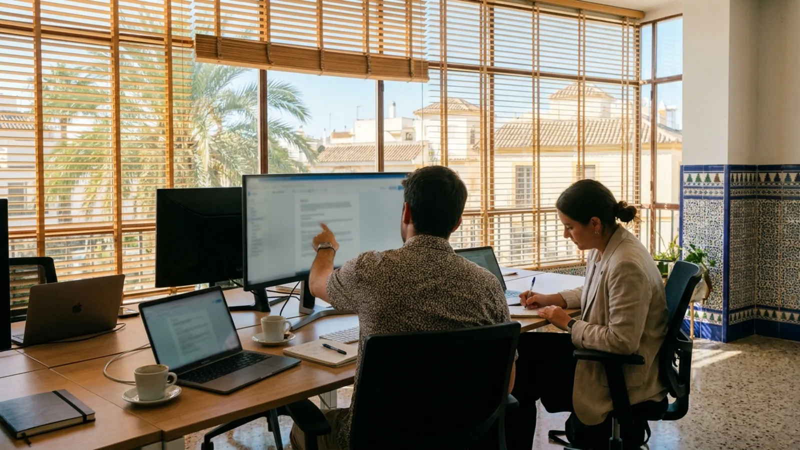 Dos personas revisan una web en un monitor panorámico; por el ventanal se ven palmeras y tejados de teja árabe