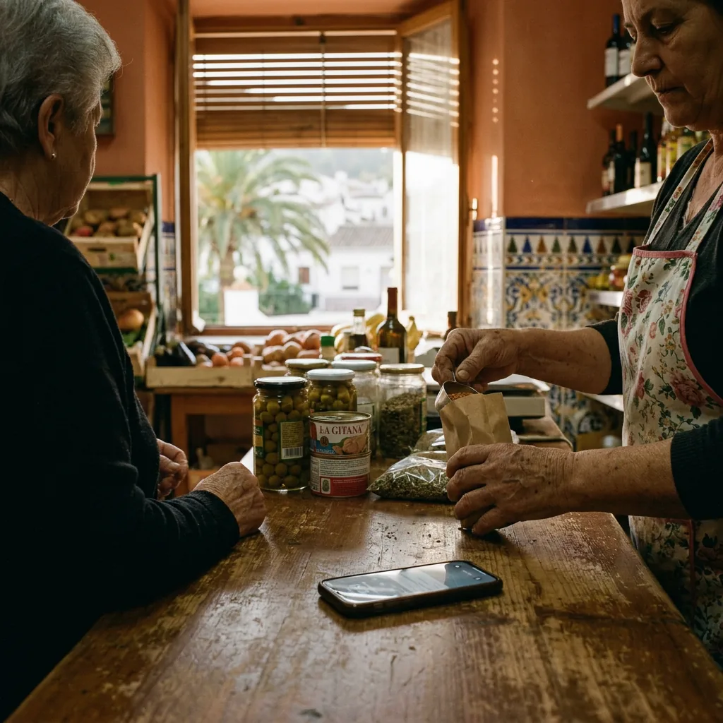 Una tendera despacha a una clienta en el mostrador de unos ultramarinos del Campo de Gibraltar; sobre la madera de mostrador, un móvil sigue atendiendo solo.