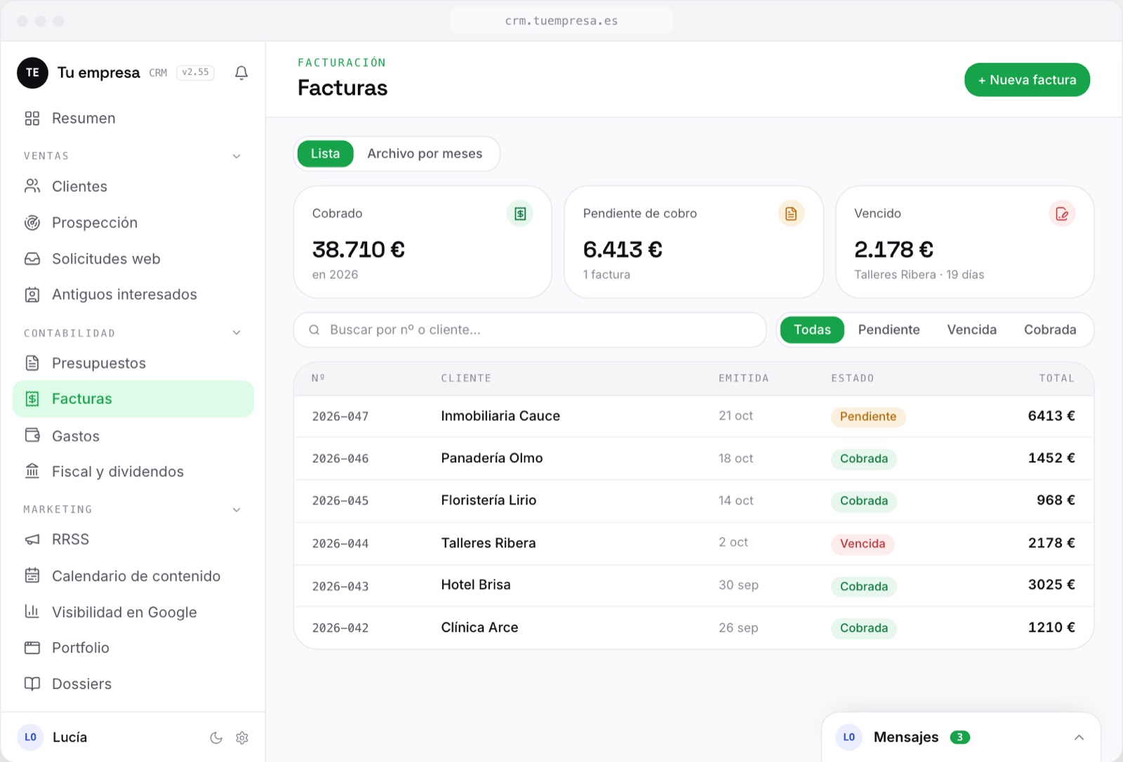 La lista de facturas del CRM