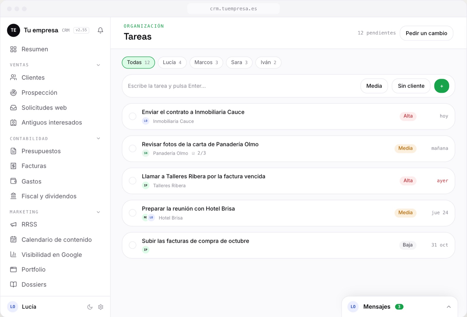 Las tareas del equipo en el CRM