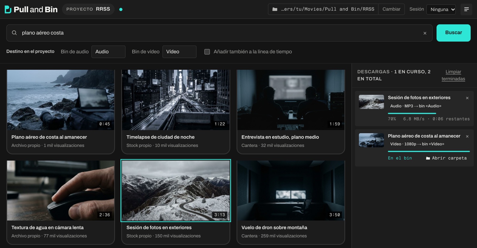 Buscas, eliges y va al bin mientras sigues montando.