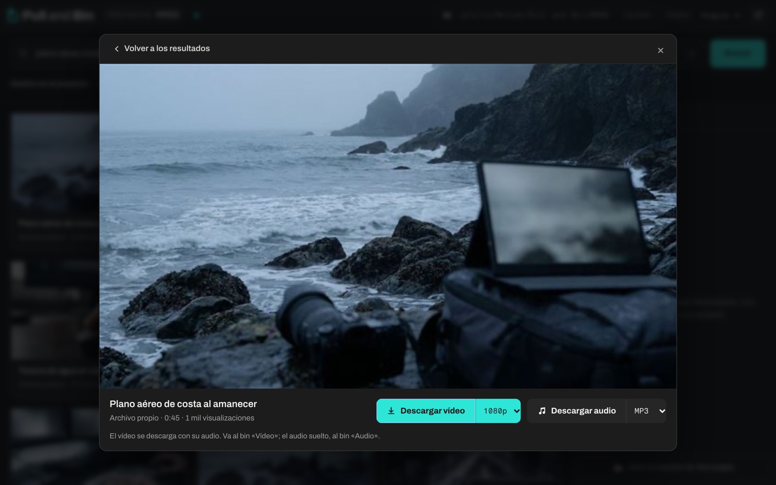 El visor flotante con un vídeo y los botones «Descargar vídeo» y «Descargar audio»